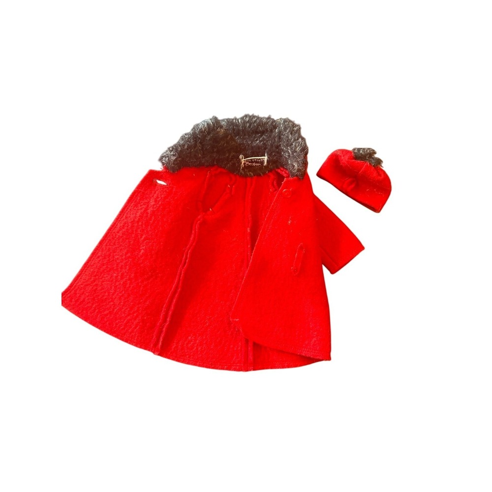Vintage Barbie Red Wool Coat & Hat Set By Mattel With Faux Fur Trim
